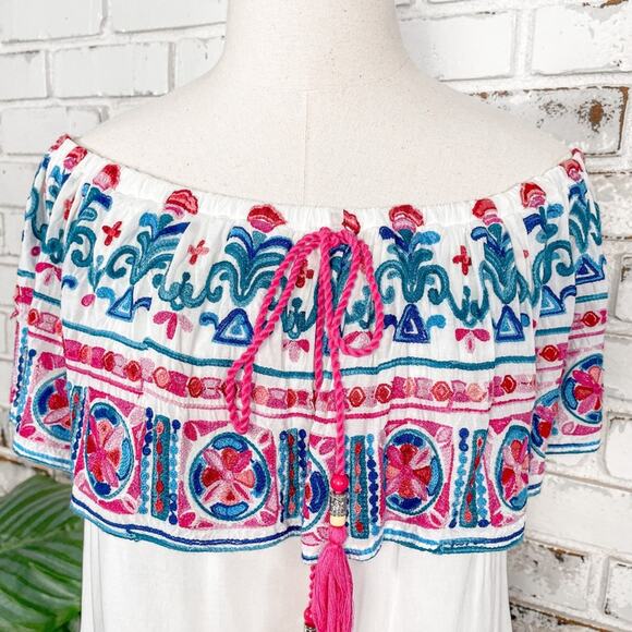 K. Jordan Bright Pink & Blue Embroidered Floral Off Shoulder Tassel Boho Top M - Picture 4 of 10